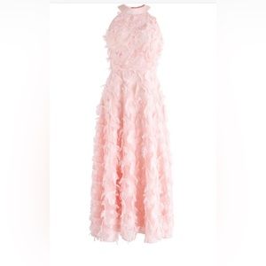 DANCING FEATHERS TASSEL HALTER NECK MAXI DRESS IN PINK